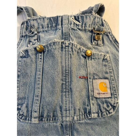 Carhartt 38x28 blue jean denim overalls USA thrashed (missing buckle) rn#14806 - Picture 2 of 14